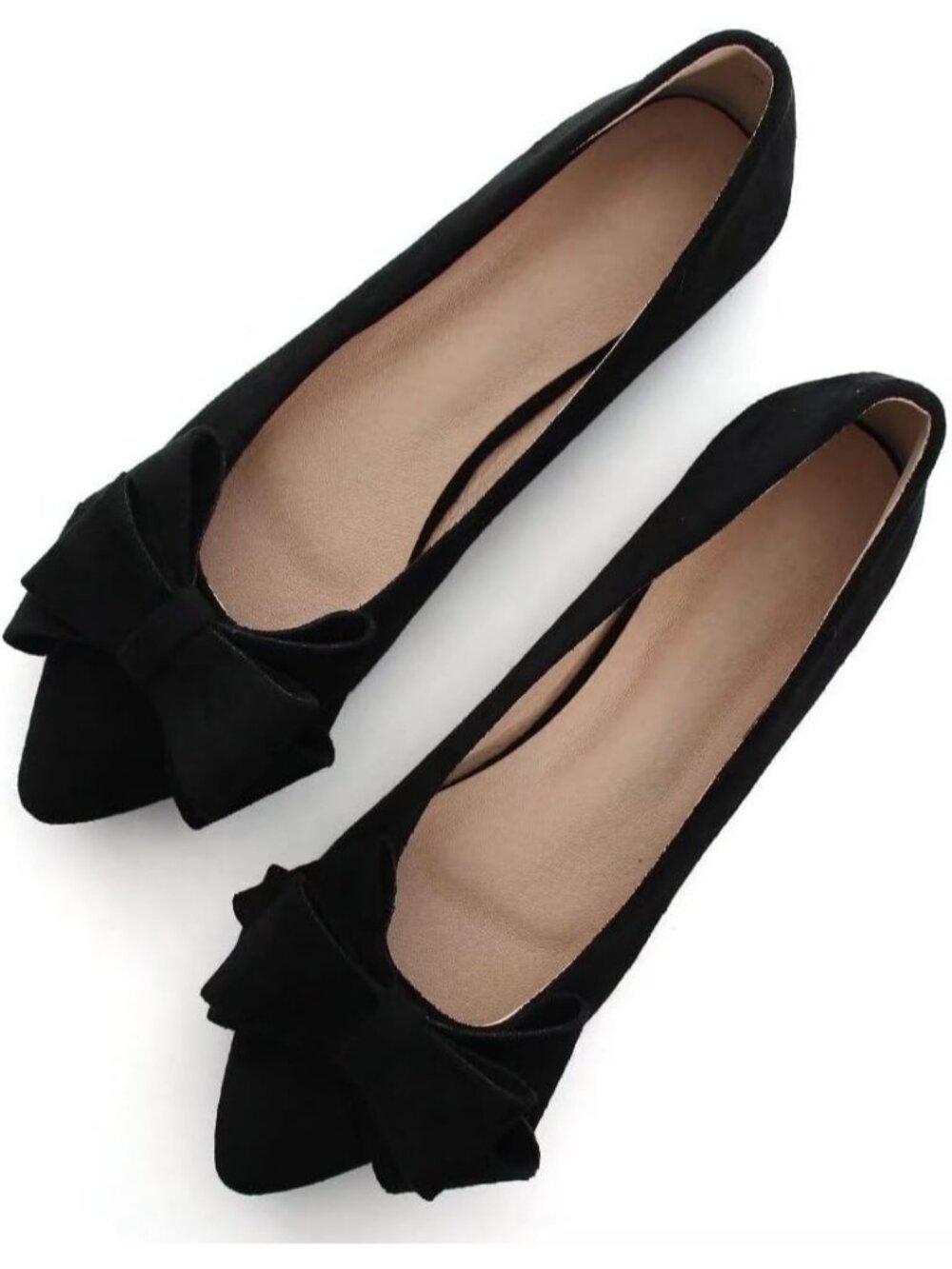 Women's Black Suede Fashion Bowknot Flats Comfort Pointed Toe Casual Dress Shoes